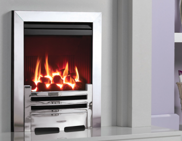 Gazco Logic HE (Balanced flue) shown with Arts front in Polished Chrome-effect and Polished steel-effect Box Profil2 frame
