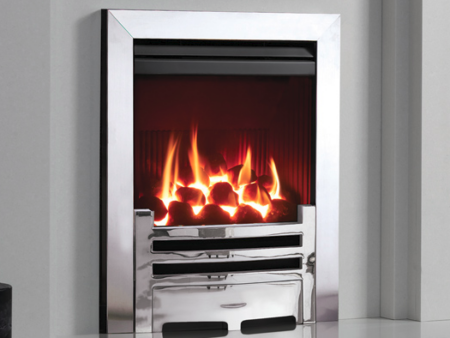 Gazco Logic HE (Balanced flue) shown with Arts front in Polished Chrome-effect and Polished steel-effect Box Profil2 frame