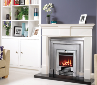 Gazco Logic™ HE Balanced Flue fire with coal fuel bed in Polished Winchester complete front.