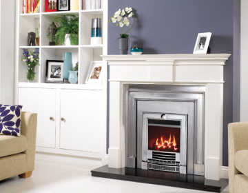 Gazco Logic™ HE Balanced Flue fire with coal fuel bed in Polished Winchester complete front.