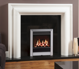 Gazco Logic™ HE Balanced flue fire, white stone fuel bed and Polished stainless tempo complete front