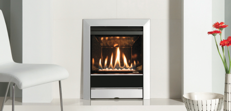 Gazco Logic™ HE Balanced flue fire, white stone fuel bed and Polished stainless tempo complete front.