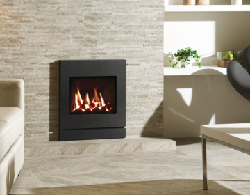 Gazco Logic™ HE Designio2 Steel with coal-effect fuel bed shown with complete front in Graphite with Slide control