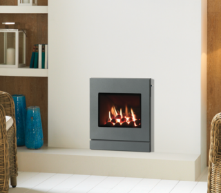 Gazco Logic™ HE Designio2 Steel with coal fuel bed shown with complete front in Iridium with Slide control