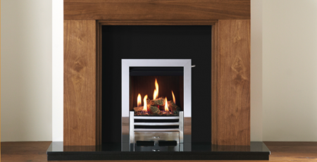 Gazco Logic™ HE Wave Inset gas fire with Polished Stainless Steel Profil front. Also show Helsinki Mantel in Walnut finish.