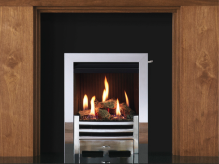Gazco Logic™ HE Wave Inset gas fire with Polished Stainless Steel Profil front. Also show Helsinki Mantel in Walnut finish.