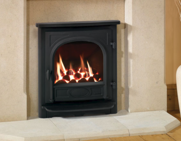 Gazco Logic™ HE fire, coal fuel bed. Stockton Inset complete front.
