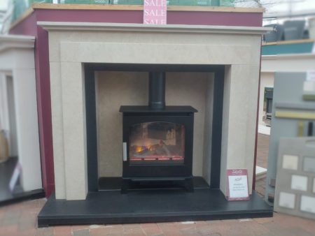 Arnolds Natura 58 inch Wentworth surround in Marsden Beige Limestone with matching chamber and Antique Nero Granite slips (stove and hearth not included) (Ipswich)