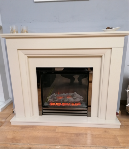 Amorina Timber Suite in Almond Stone with Corretta 3 bar Black Nickel Trim electric fire