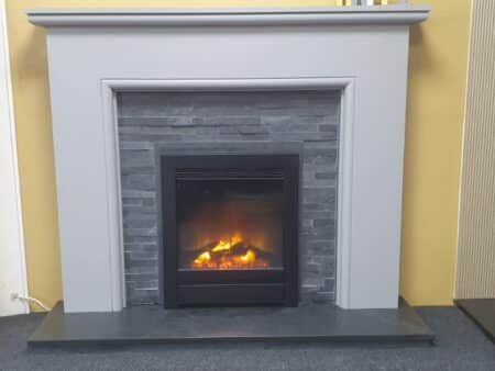 Trent Fireplaces Highland 54" Mantel in Mineral Grey with Split Grey Slate Back Panel & Hearth, Downlights, and Elgin & Hall Beam 16" Inset Fire Edge Trim in Matt Black (Norwich Shop)