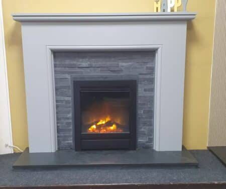 Trent Fireplaces Highland 54" Mantel in Mineral Grey with Split Grey Slate Back Panel & Hearth, Downlights, and Elgin & Hall Beam 16" Inset Fire Edge Trim in Matt Black (Norwich Shop)