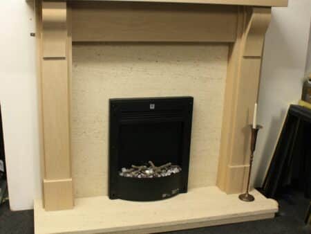 Trent Fireplaces Carlisle 54" Mantel in Whitewashed Laminated Finish with Mocha Creme Limestone Back Panel & Hearth (Chelmsford Shop)