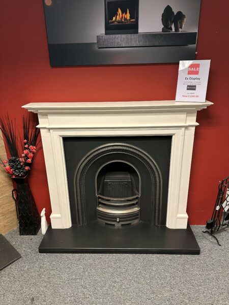 Capital Fireplaces Washington 54 in linestone with Capital Carlise cast inset highlight polished