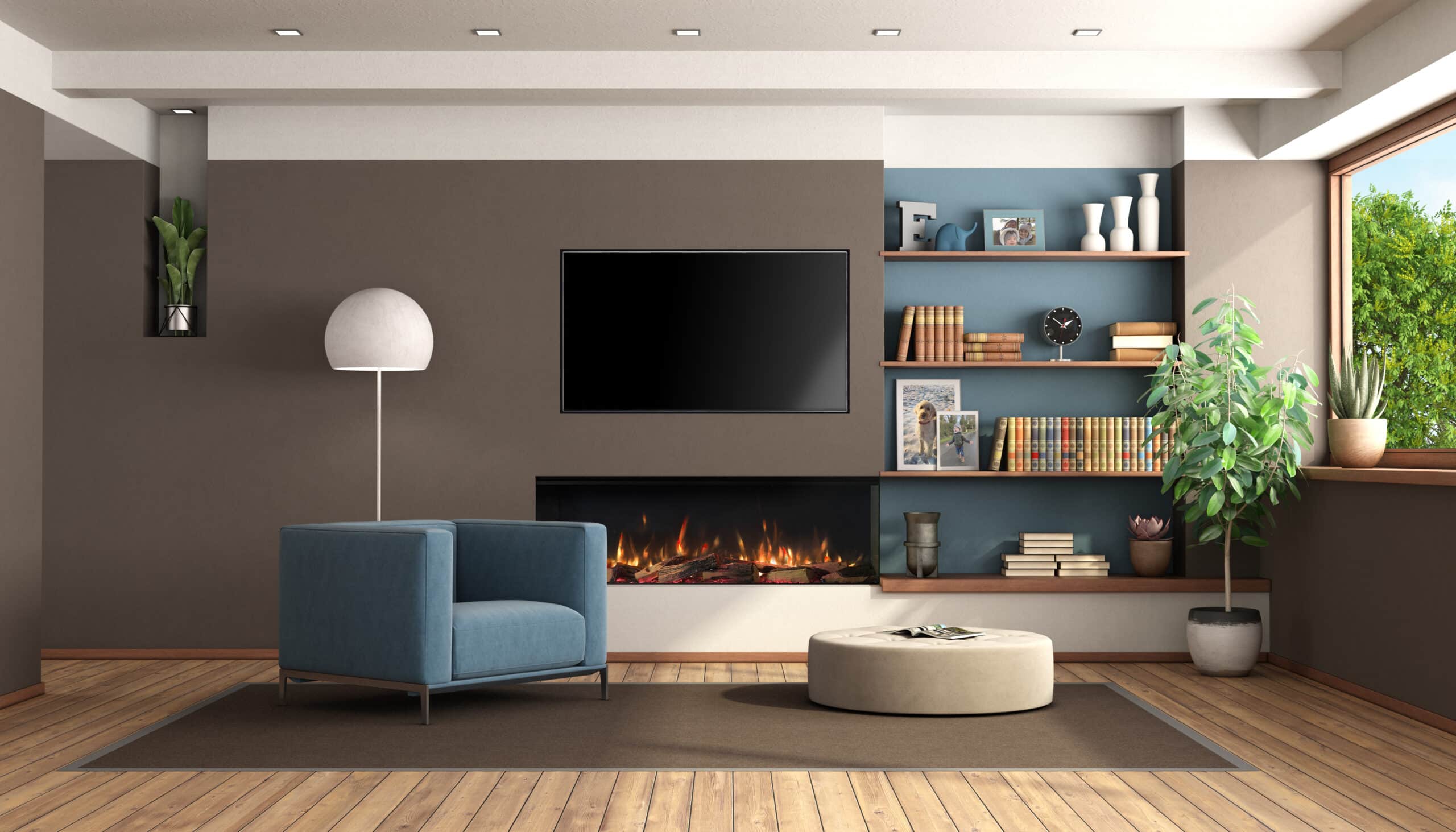 Modern living room with fireplace