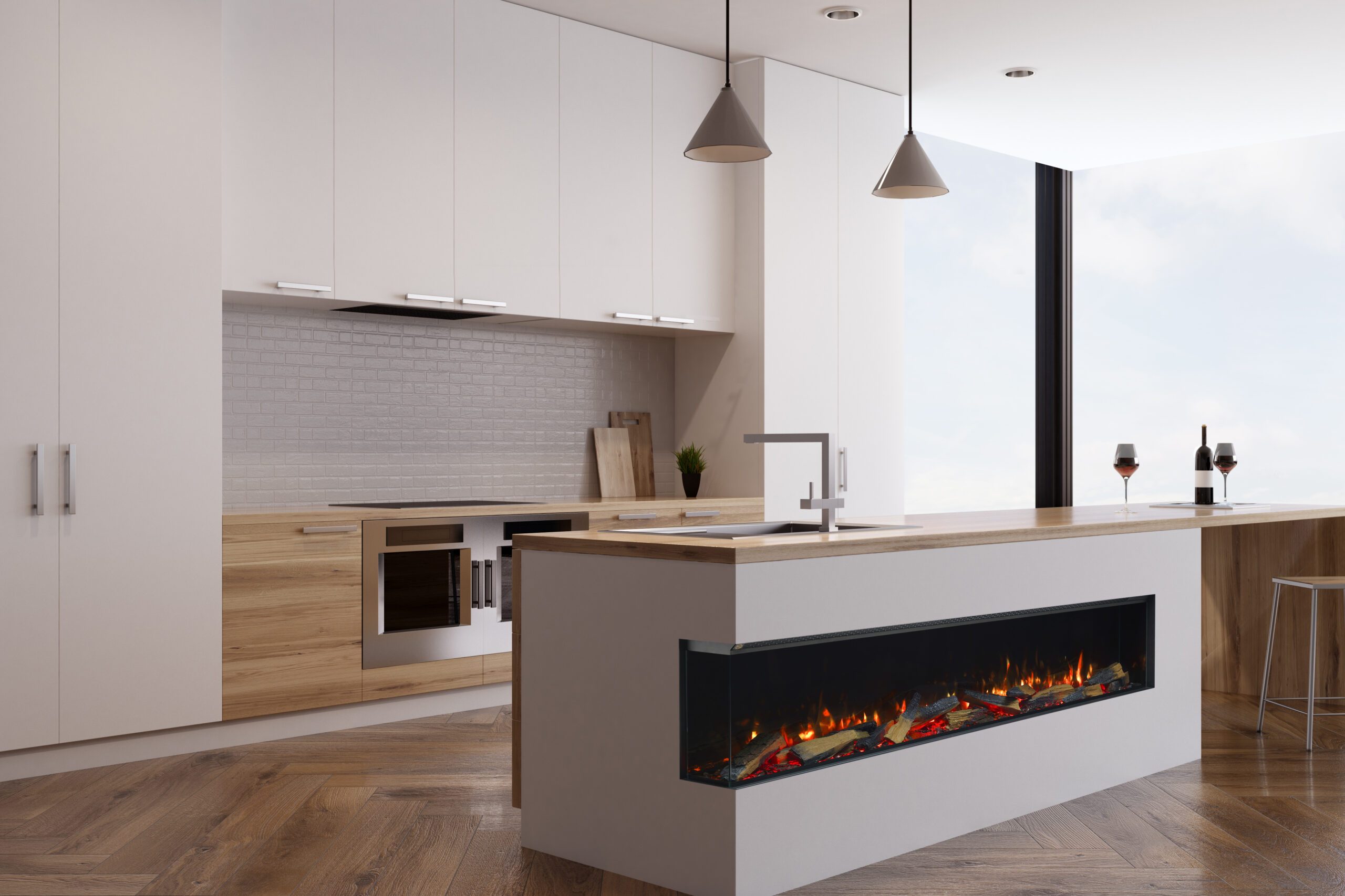 Side view of a kitchen interior with two ovens built in light wooden countertops and a bar. Panoramic window in the background. 3d rendering, mock up