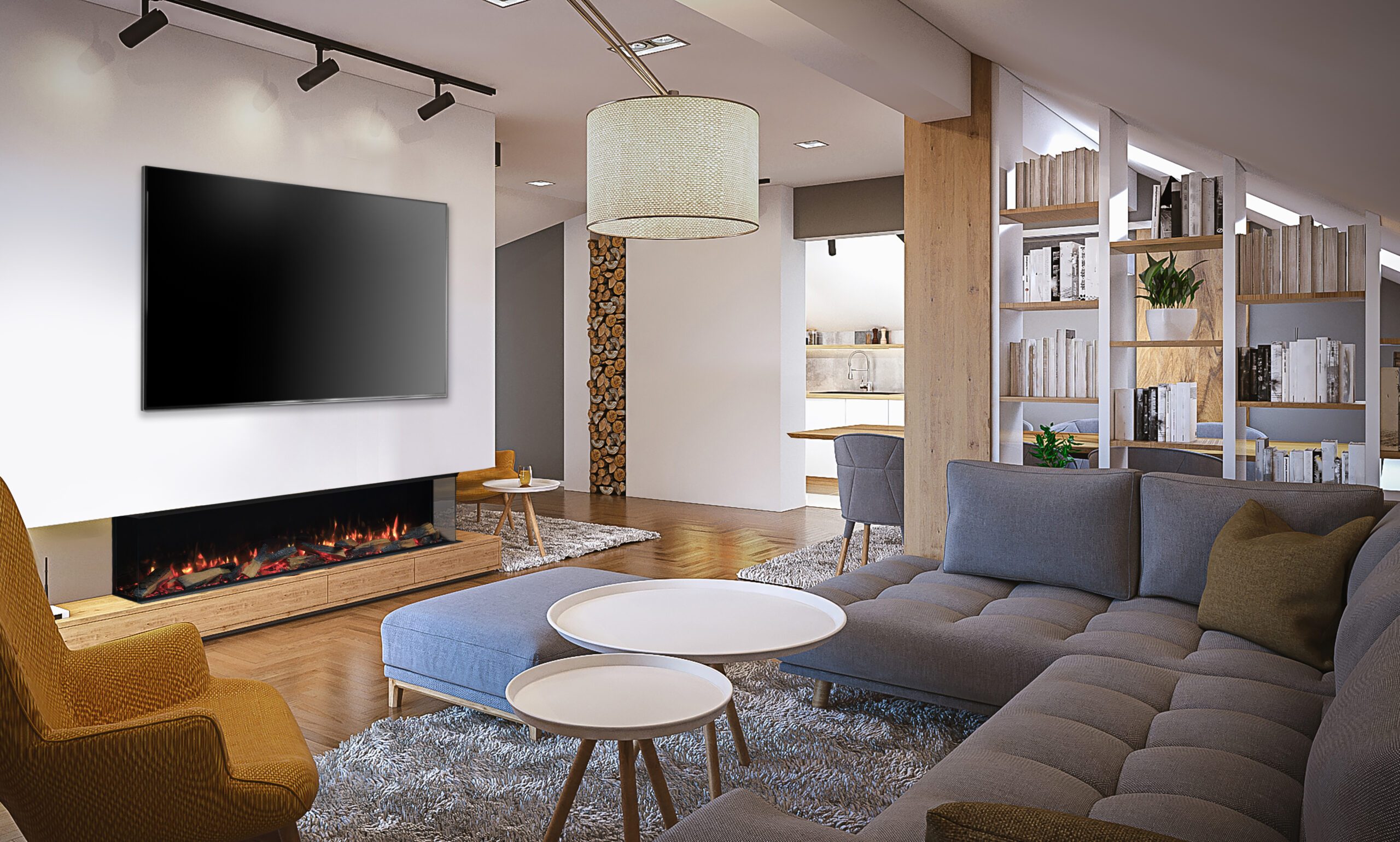 Render of a modern living room, digitally generated.