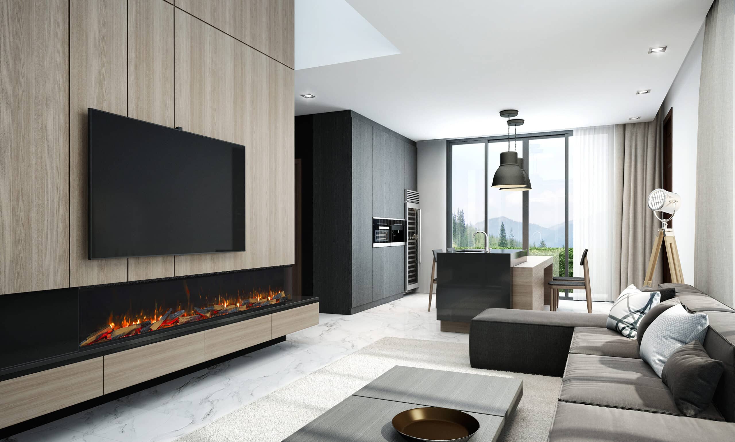Modern living room and kitchen 3D render