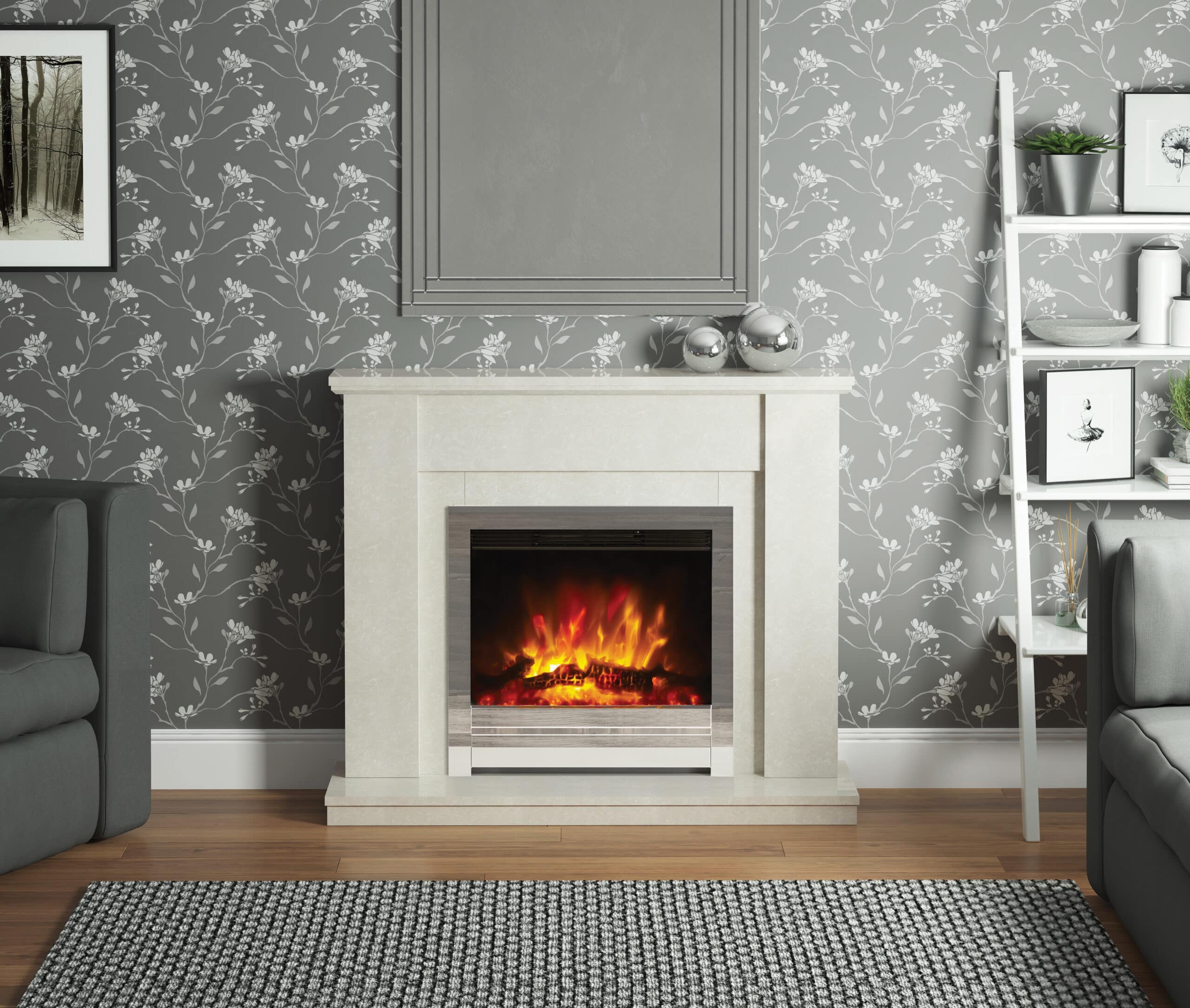 Hallington Micro Marble Electric Fireplace in White Micro marble with Saxton 22 with Edge Frame