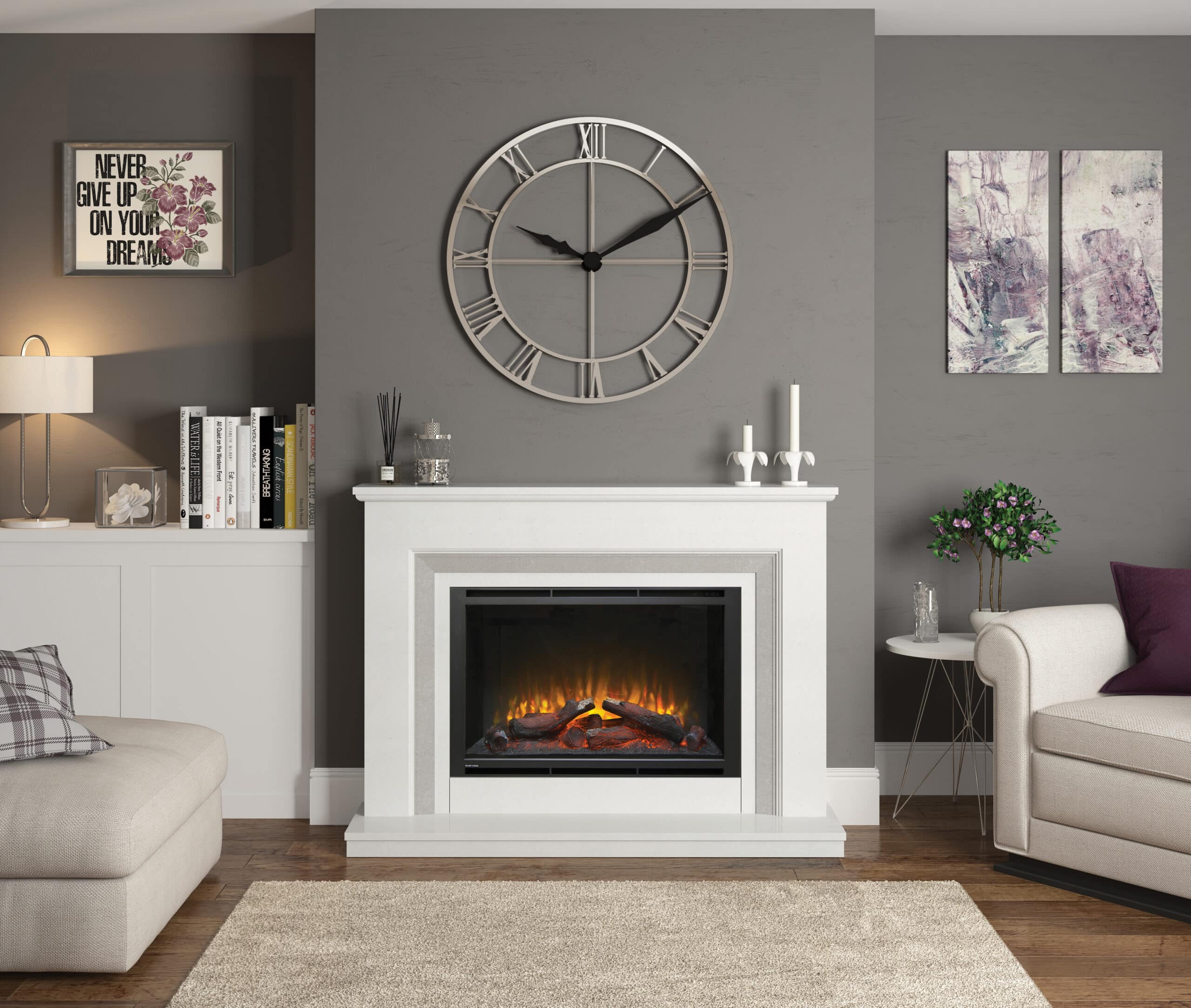 Sinderhope in White Micromarble with Grey Slips and Foxglen 950 Electric Fire