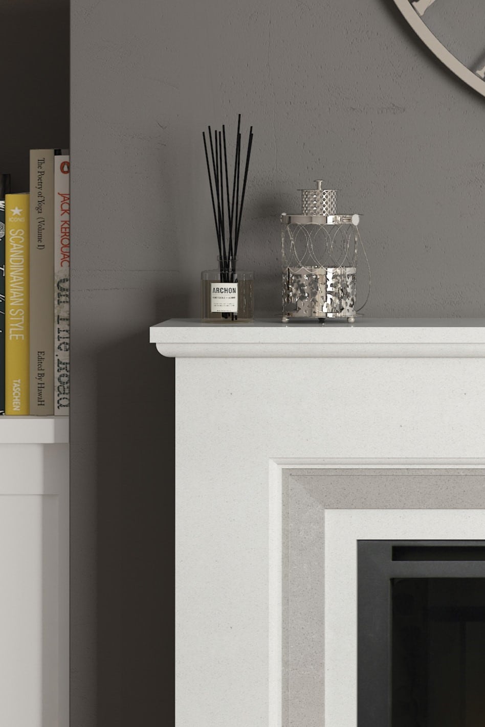 Sinderhope in White Micromarble with Grey Slips and Foxglen 950 Electric Fire top detail