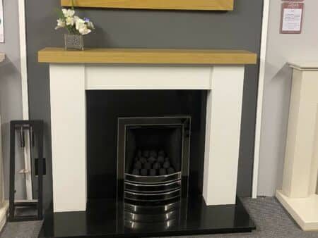 Trent Fireplaces Millbrook 58_ in White Painted MDF with Solid Oak Shelf