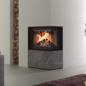 Dik Geurts Instyle Corner Slim 660-570 wood burning stove. flame effect