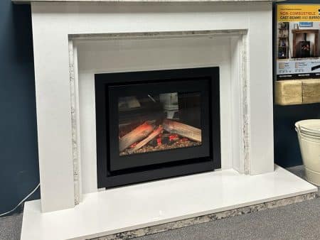 Arnolds Natura Fireplace Suite in White Micromarble and marble inlay