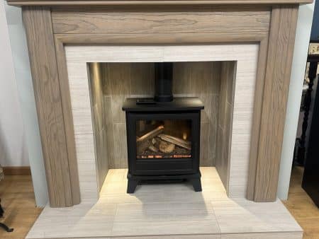 OER Glenmore 60” Solid Oak Surround in Grey with Lights & Glenmore Tiled Chamber, T Shaped Heart & Slip Set
