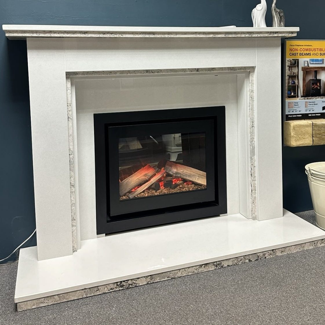 Arnolds Natura Fireplace Suite in White Micromarble and marble inlay