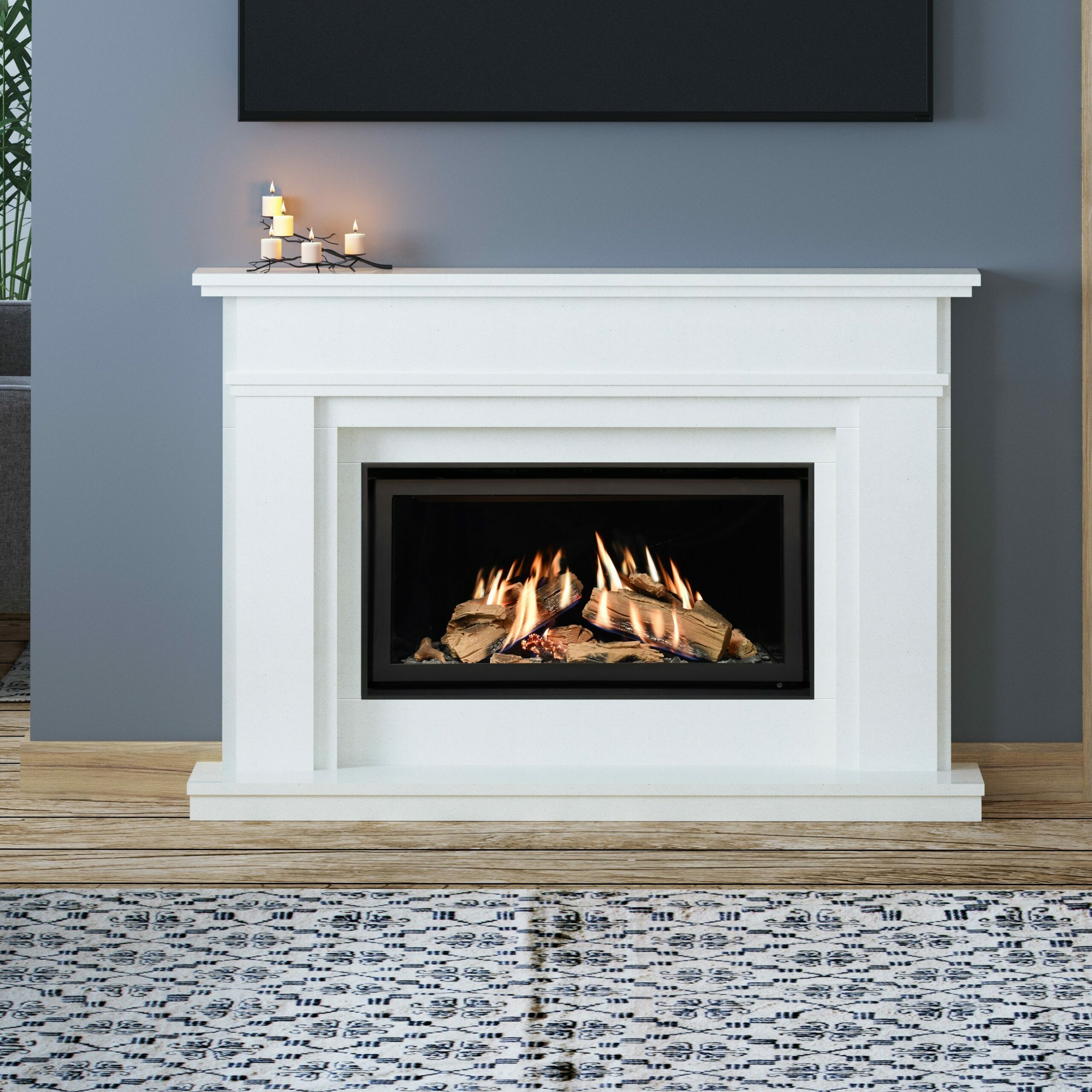 Cobblestone in White Micromarble with Highcliffe 800CF Gas Fire