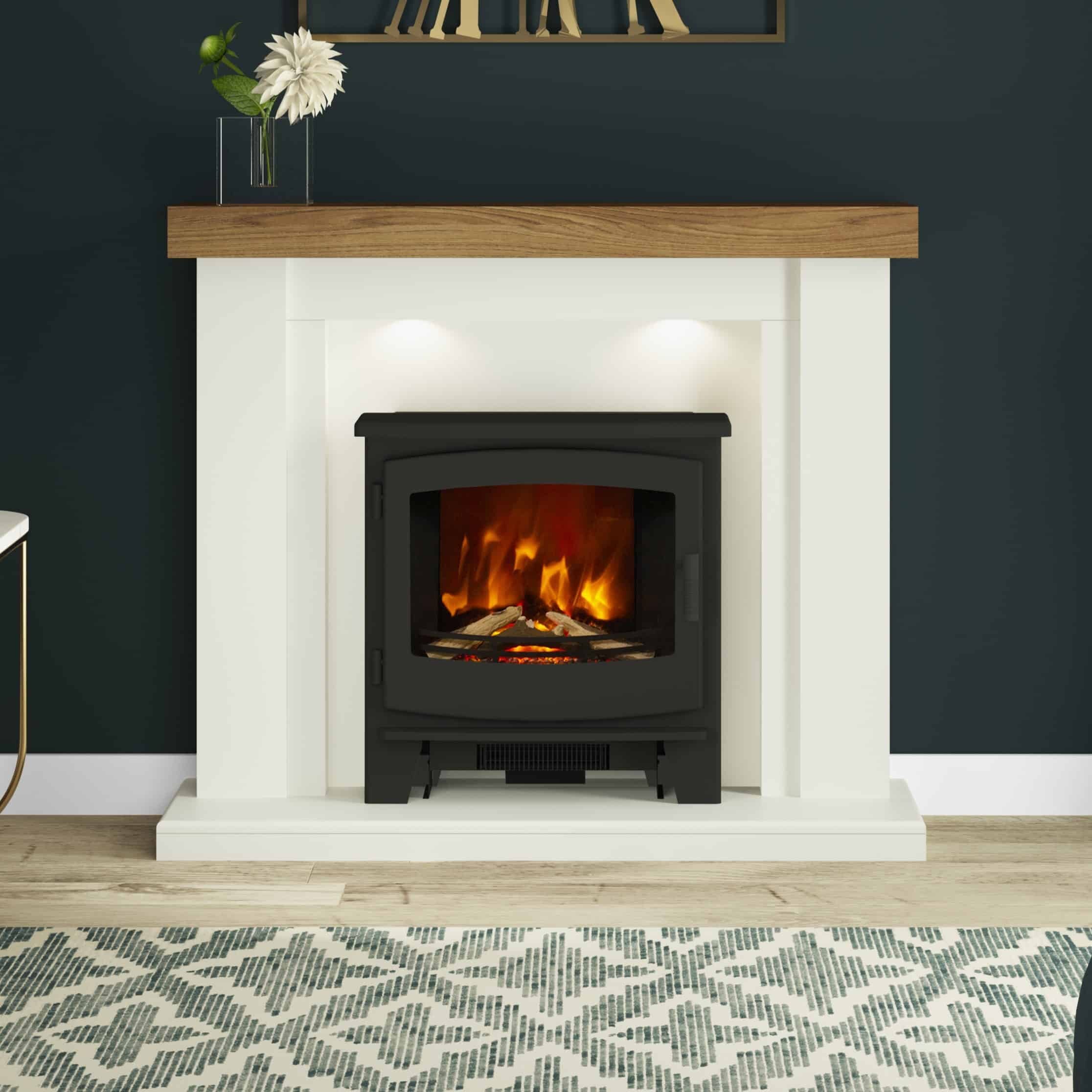 Cottermore in Soft White & Country Oak with Foxworth Large Inset electric Stove