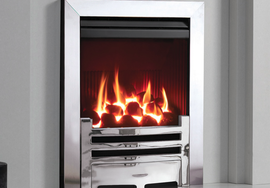 Gazco Logic HE (Balanced flue) shown with Arts front in Polished Chrome-effect and Polished steel-effect Box Profil2 frame