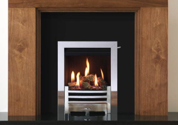 Gazco Logic™ HE Wave Inset gas fire with Polished Stainless Steel Profil front. Also show Helsinki Mantel in Walnut finish.