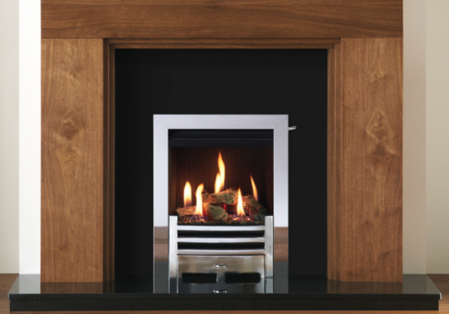 Gazco Logic™ HE Wave Inset gas fire with Polished Stainless Steel Profil front. Also show Helsinki Mantel in Walnut finish.