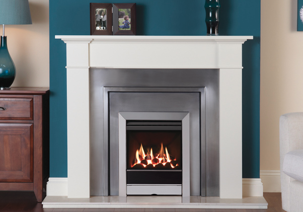 Gazco Logic™ HE conventional flue fire, coal fuel bed and Tempo front in Polished Stainless.