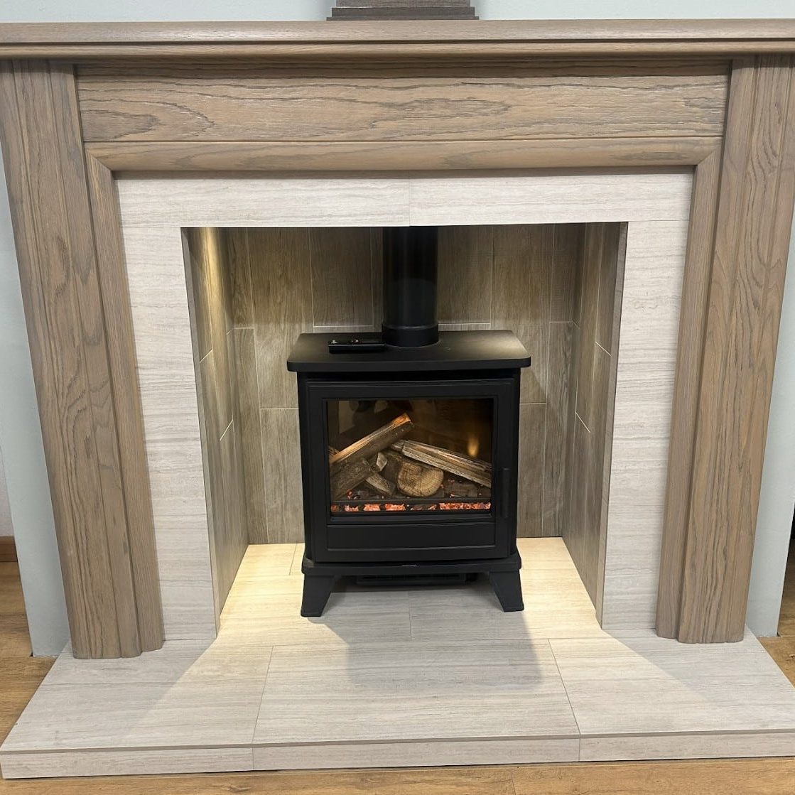 OER Glenmore 60” Solid Oak Surround in Grey with Lights & Glenmore Tiled Chamber, T Shaped Heart & Slip Set