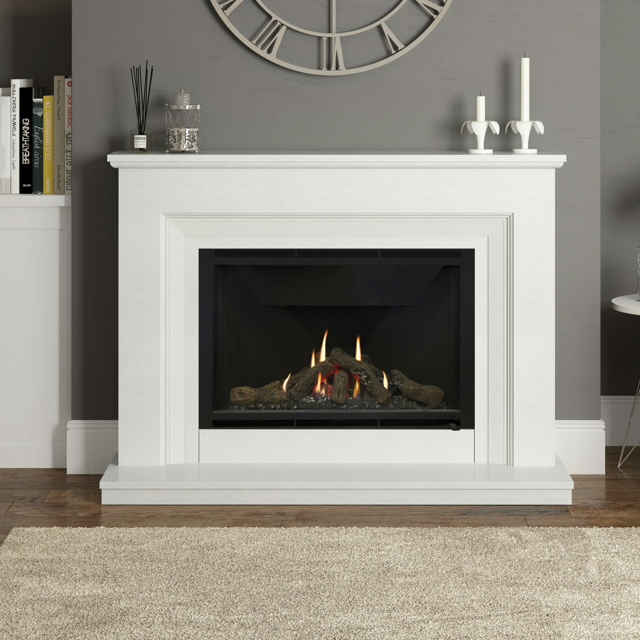 Sinderhope in White Micro Marble with Highcliffe 950 Gas Fire