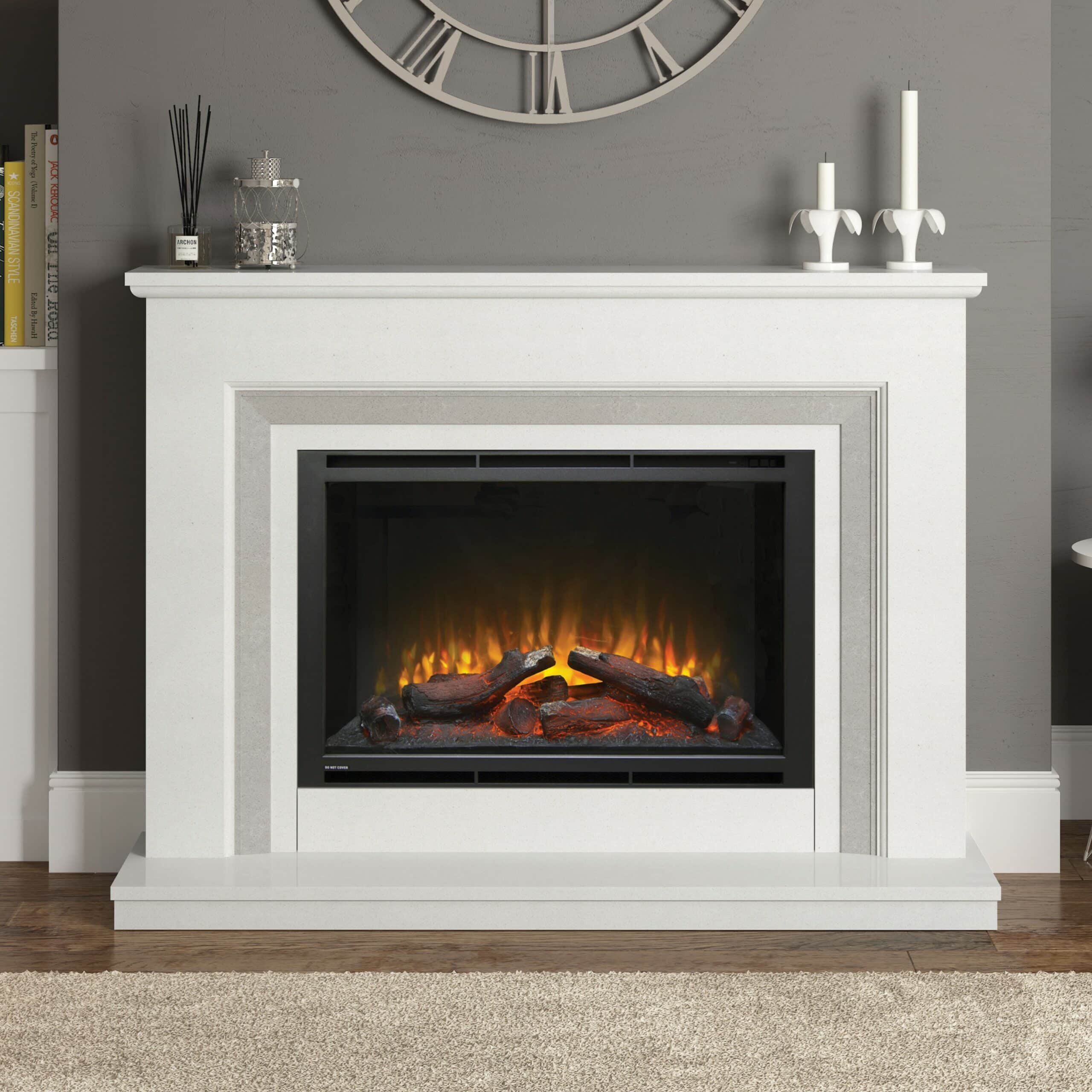 Sinderhope in White Micromarble with Grey Slips and Foxglen 950 Electric Fire close up