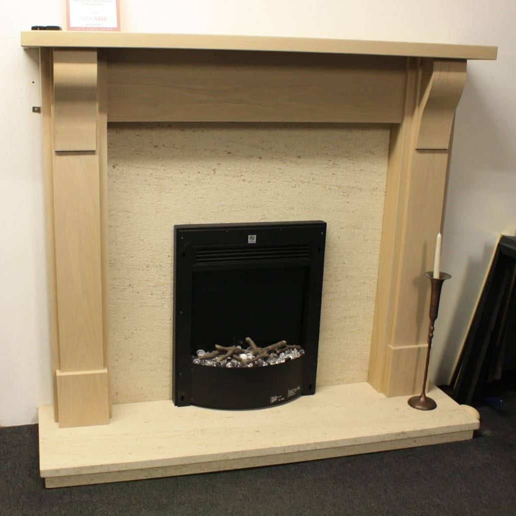 Trent Fireplaces Carlisle 54" Mantel in Whitewashed Laminated Finish with Mocha Creme Limestone Back Panel & Hearth (Chelmsford Shop)